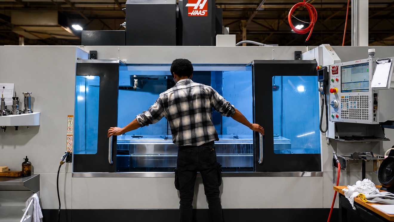 Machinist checking a CNC machining center at an aerospace facility