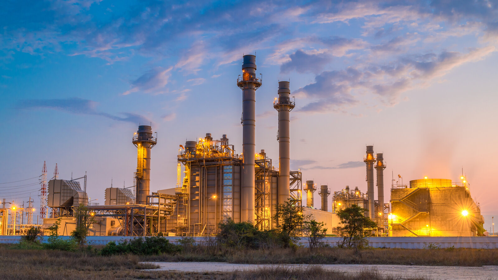 Gas turbine power generation facility at dusk