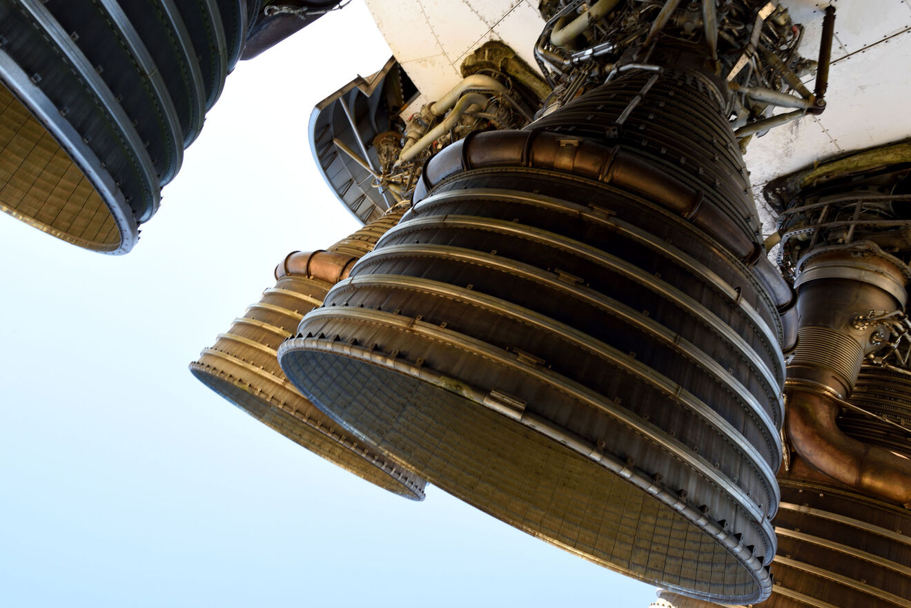 Rocket engine nozzles on a launch vehicle, viewed from below